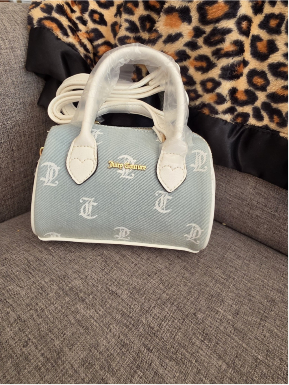 Juicy Couture Blue Denim Monogram Mini Satchel Bag White Trim Crossbody NWT